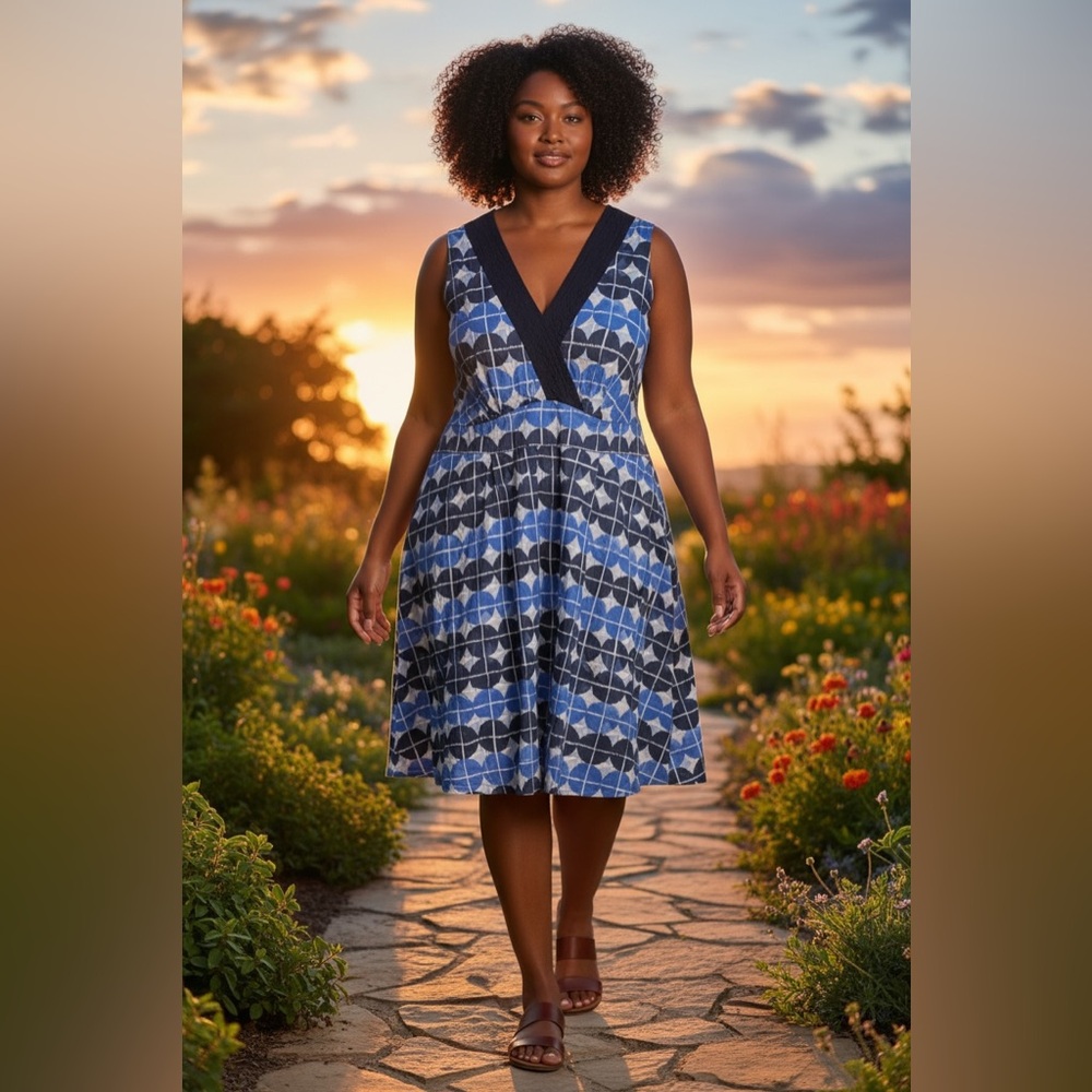 Tommy Hilfiger Womens Plus Size 18 Blue Geometric Sleeveless Fit Flare Dress